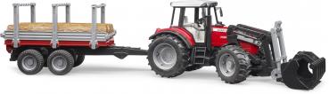 Bruder Spielfahrzeug Traktor Massey Ferguson 7480 mit Frontlader + Holztransportanhänger 02046