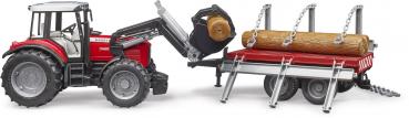 Bruder Spielfahrzeug Traktor Massey Ferguson 7480 mit Frontlader + Holztransportanhänger 02046