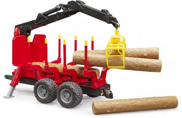 Bruder Spielfahrzeug Holztransport Rückeanhänger mit Ladekran, 4 Baumstämmen und Holzgreifer 02252