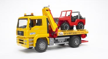 Bruder Spielfahrzeug Baustelle Service-Fahrzeuge MAN TGA Abschlepp-LKW mit Geländewagen 02750