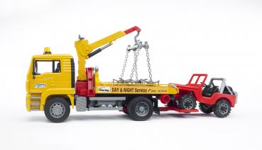 Bruder Spielfahrzeug Baustelle Service-Fahrzeuge MAN TGA Abschlepp-LKW mit Geländewagen 02750