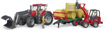 Bruder Spielfahrzeug Traktor Case IH Optum 300CVX Frontlader, Transportanhänger, 8 Rundballen 03198