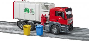 Bruder Spielfahrzeug Nutzfahrzeug Lader MAN TGS Seitenlader Müll-LKW und 2 Mülltonnen 03761