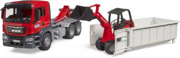 Bruder Spielfahrzeug Baustelle LKW MAN TGS LKW mit Abrollcon- tainer+Schäffer Hoflader 2630 03767