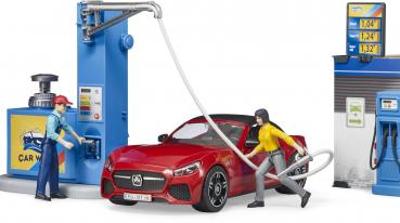 Bruder Spielfiguren Set PKW bworld Tankstelle mit Waschplatz und BRUDER Roadster 62111