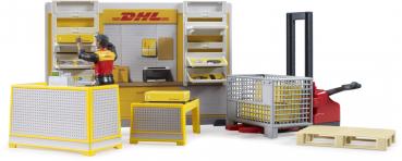Bruder Spielfiguren Set Nutzfahrzeug bworld DHL Shop mit Handhubstapler und Figur 62251