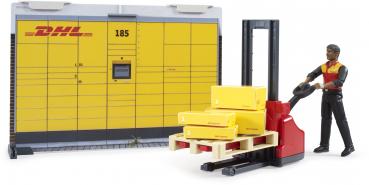 Bruder Spielfiguren Set Nutzfahrzeug bworld DHL Shop mit Handhubstapler und Figur 62251
