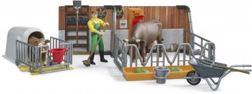 Bruder Spielfiguren Set bworld Landwirtschaft Kuh- und Kälberstall mit Landwirt, Kuh und Kalb 62611