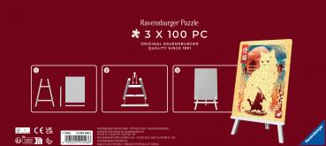 Preview: 3 x 100 Teile Ravensburger Puzzle mit Staffelei Ukiyo-e Katzenkrieger, Roter Panda & Drache 12002048