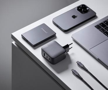 Intenso Ladegerät Power Adapter W100ACC GaN + C520C Kabel 2x USB-C 1x USB-A für 3 Gerät schwarz