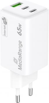 Mediarange Ladegerät Power Adapter 65 Watt GaN 1x USB-A + 2x USB-C für 2 Geräte weiß
