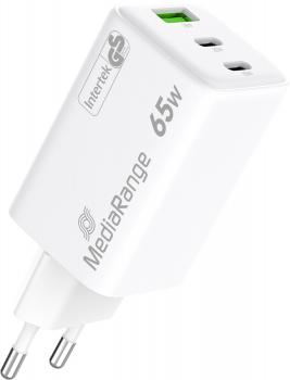 Mediarange Ladegerät Power Adapter 65 Watt GaN 1x USB-A + 2x USB-C für 2 Geräte weiß