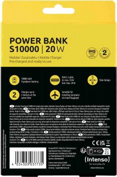 Preview: Intenso Powerbank mobile Ladestation S 10000 mAh PD Typ C USB OUT integriertes Kabel grau