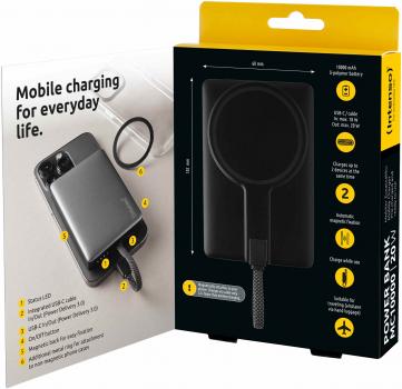 Preview: Intenso Powerbank MC 10000 mAh magnetische Fixierung PD Typ C USB OUT integriertes Kabel schwarz