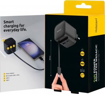 Preview: Intenso Ladegerät Power Adapter 65 Watt W65ACIC GaN 1x USB-A + 2x USB-C für 3 Geräte schwarz