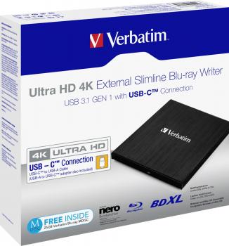 Verbatim Brenner extern BDXL für BD / CD / DVD / M-Disc UHD 4K Typ C USB 3.1 schwarz