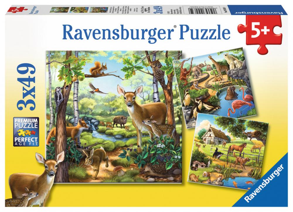 3 x 49 Teile Ravensburger Kinder Puzzle Waldtiere Zootiere Haustiere 09265