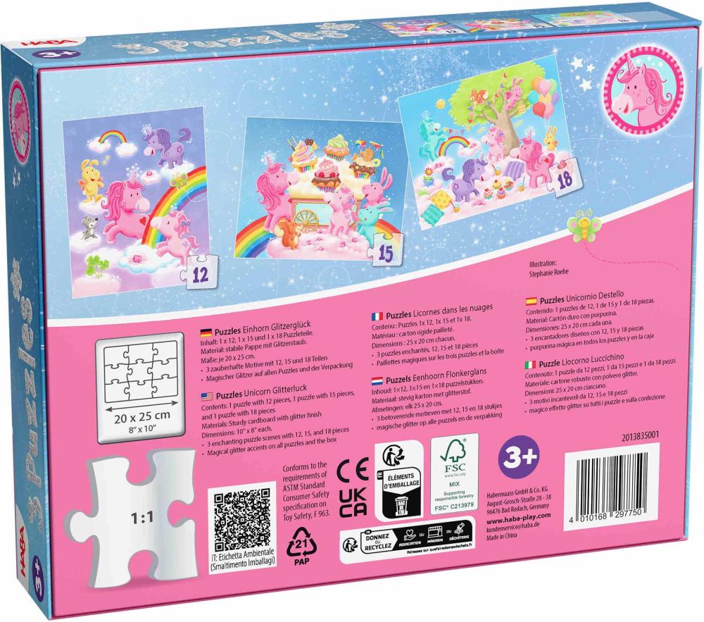 12, 15, 18 Teile Haba Kinder Puzzle 3 Puzzles - Einhorn Glitzerglück 2013835001
