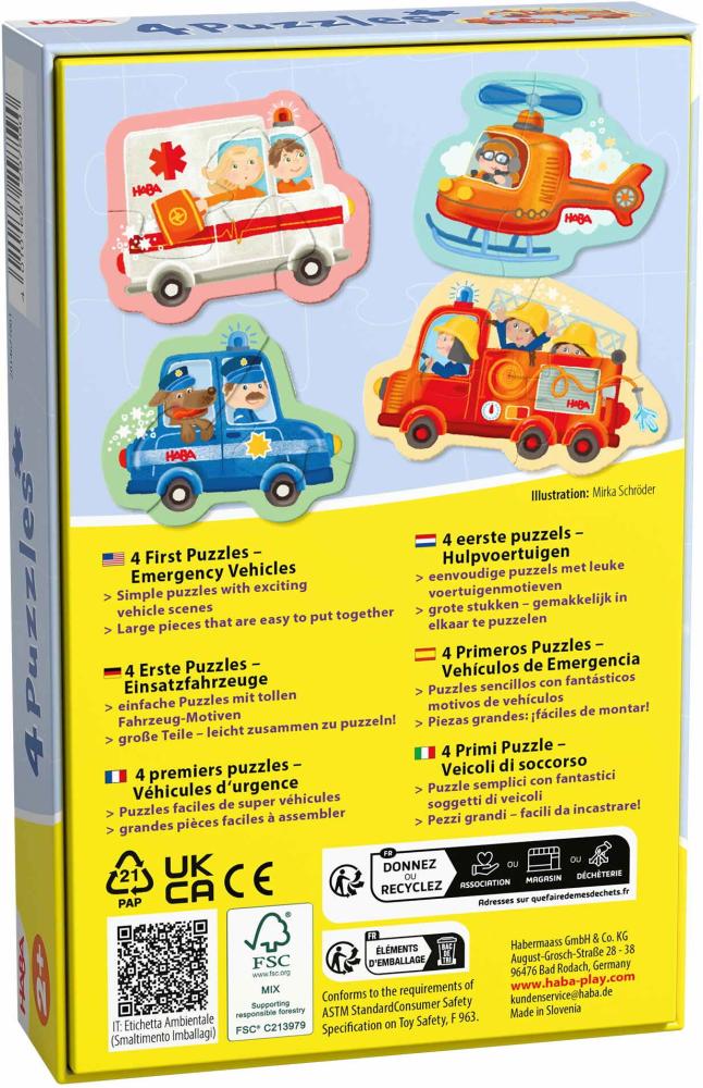 2, 2x3, 4 Teile Haba Kinder Puzzle 4 Erste Puzzles - Einsatzfahrzeuge 2014677001
