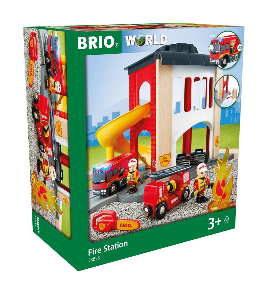 Brio World Eisenbahn Gebäude Große Feuerwehr-Station mit Fahrzeug 12 Teile 33833