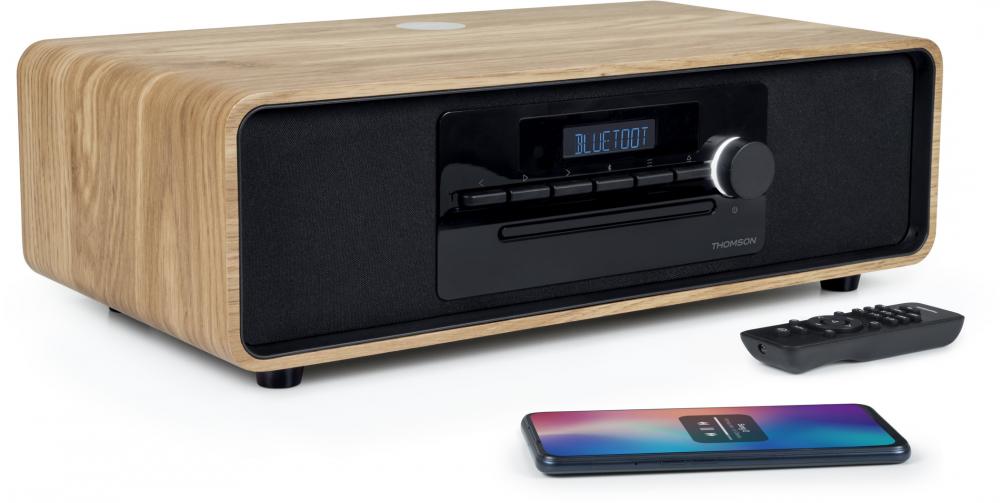 Thomson Bluetooth Kompaktanlage Induktion MIC300IBT USB Radio AUX-IN schwarz Holz braun TH388657