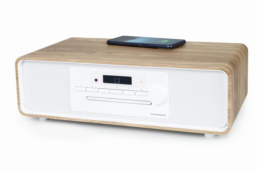 Thomson Bluetooth Kompaktanlage Induktion MIC301IBT USB Radio AUX-IN weiß Holz braun TH388664