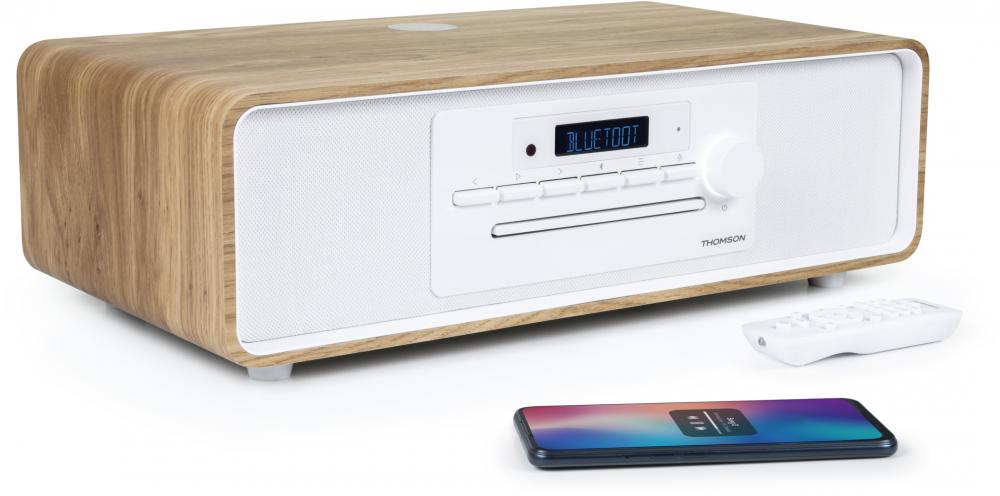 Thomson Bluetooth Kompaktanlage Induktion MIC301IBT USB Radio AUX-IN weiß Holz braun TH388664