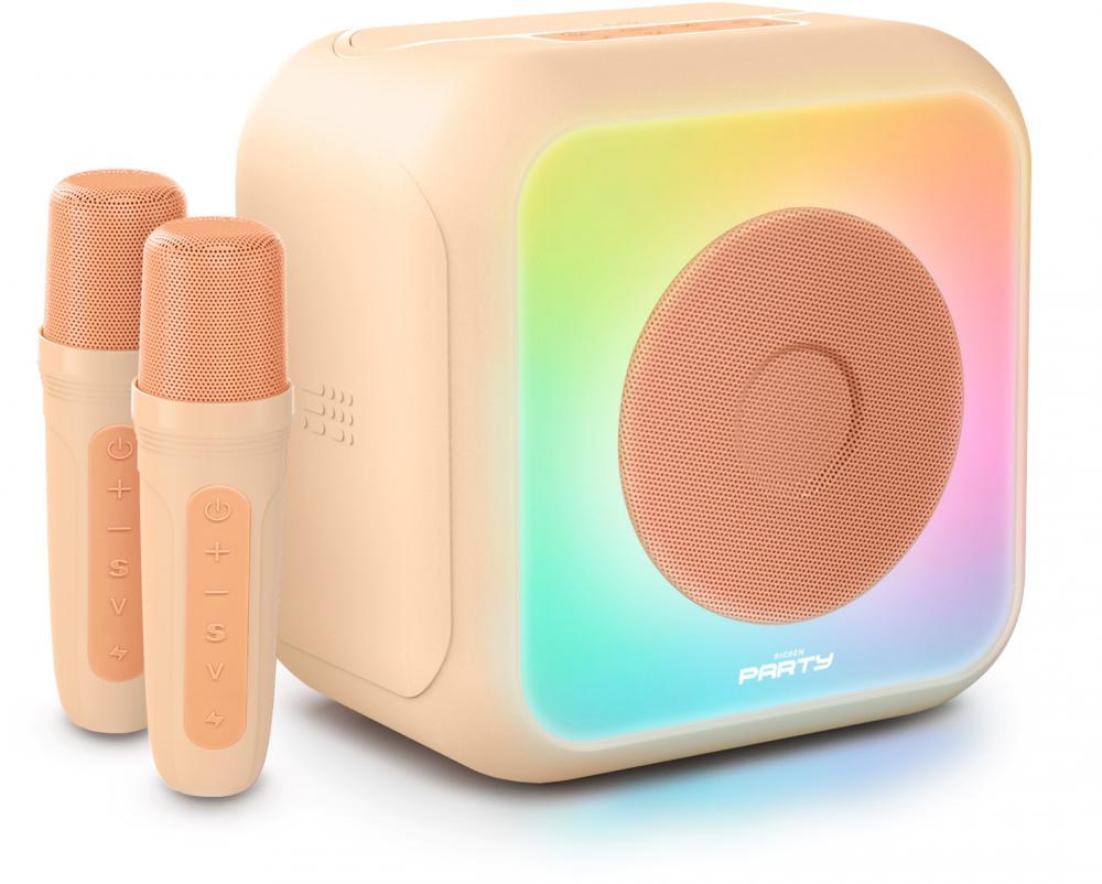 Bigben Bluetooth portabler Lautsprecher Party Karaoke Disco Licht 2 Mikrofone peach AU389159