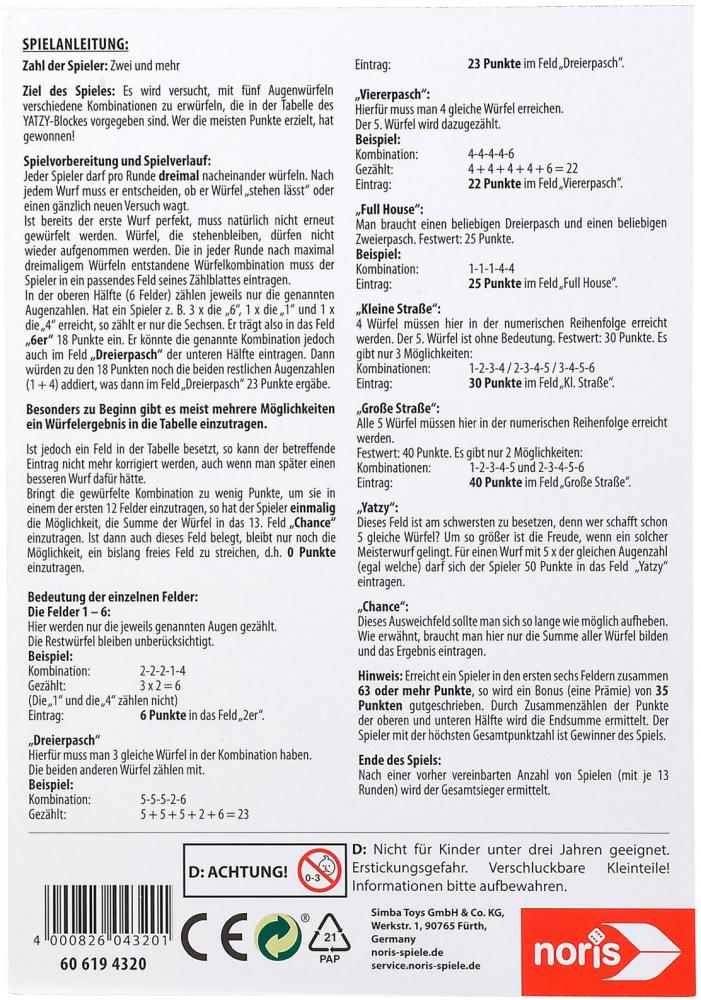 Noris Zubehör Ersatzblock Yatzy extra großer Spielblock 606194320