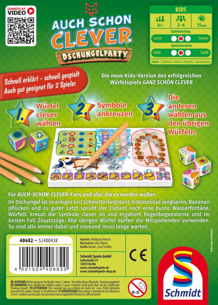 Schmidt Spiele Kinderspiel Würfelspiel Auch schon Clever Dschungelparty Klein & Fein 40682