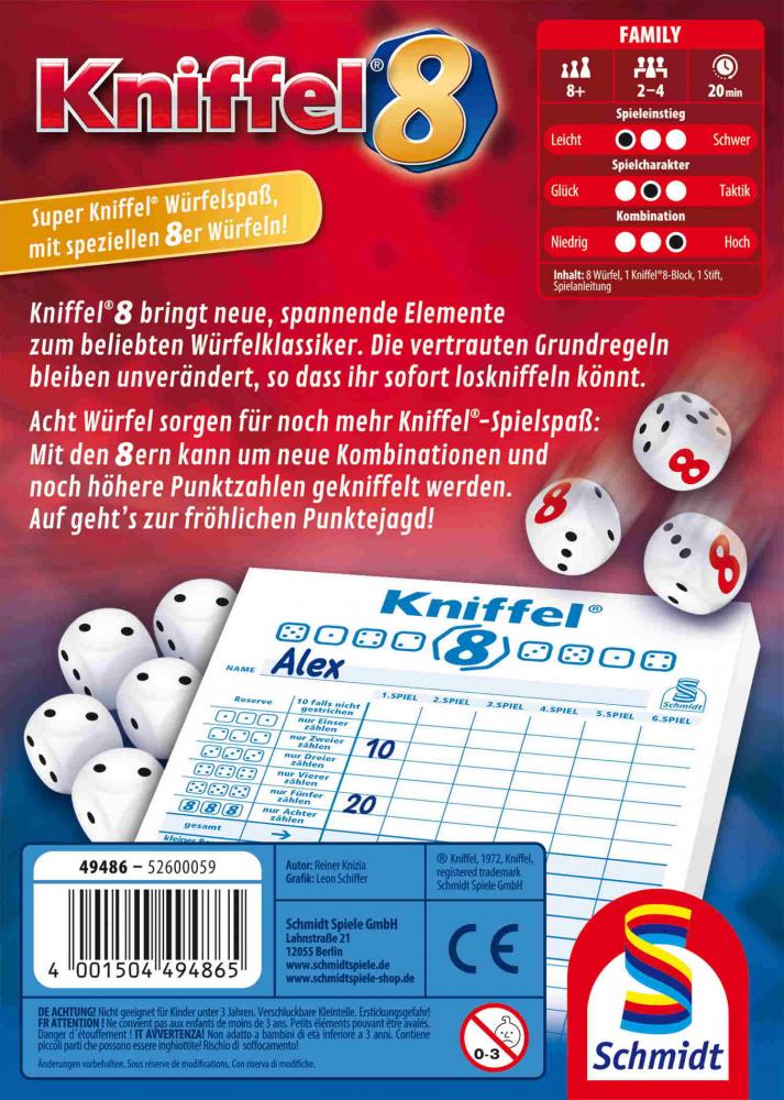 Schmidt Spiele Familienspiel Würfelspiel Kniffel 8 49486