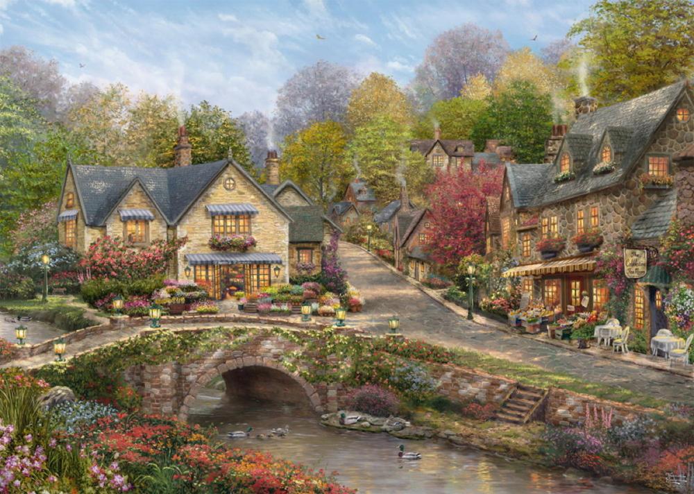 2000 Teile Schmidt Spiele Puzzle Thomas Kinkade Sommer in Cobblestone Village 58629