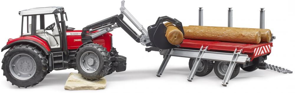 Bruder Spielfahrzeug Traktor Massey Ferguson 7480 mit Frontlader + Holztransportanhänger 02046