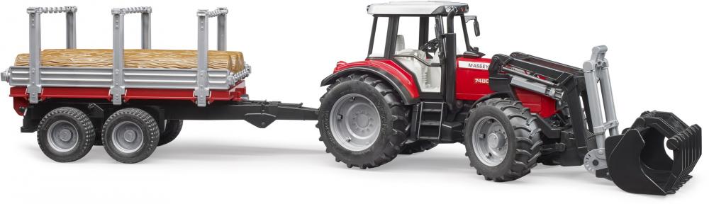 Bruder Spielfahrzeug Traktor Massey Ferguson 7480 mit Frontlader + Holztransportanhänger 02046