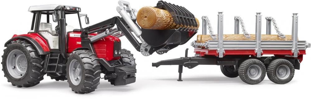 Bruder Spielfahrzeug Traktor Massey Ferguson 7480 mit Frontlader + Holztransportanhänger 02046