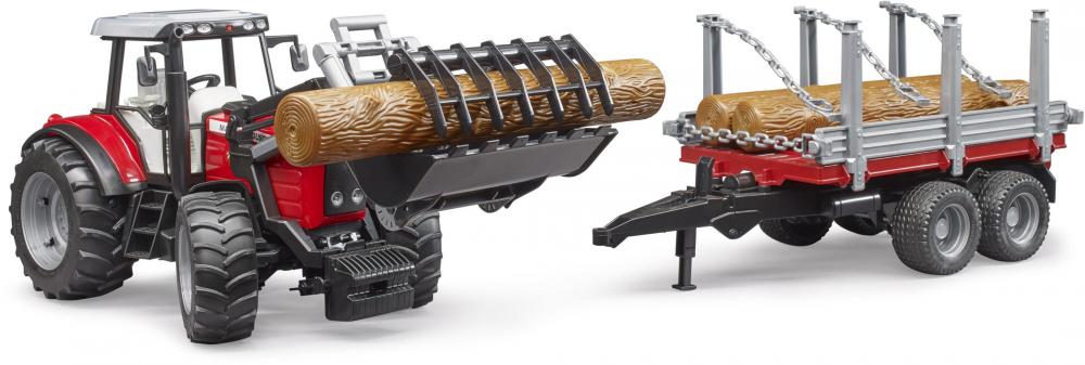 Bruder Spielfahrzeug Traktor Massey Ferguson 7480 mit Frontlader + Holztransportanhänger 02046