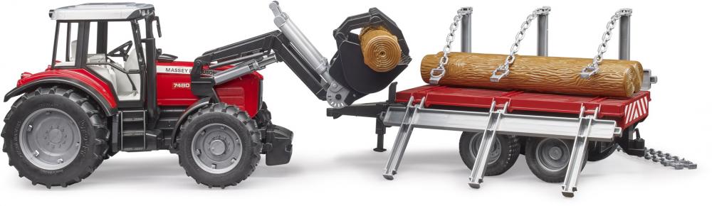 Bruder Spielfahrzeug Traktor Massey Ferguson 7480 mit Frontlader + Holztransportanhänger 02046
