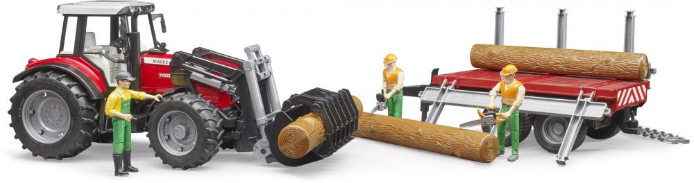 Bruder Spielfahrzeug Traktor Massey Ferguson 7480 mit Frontlader + Holztransportanhänger 02046