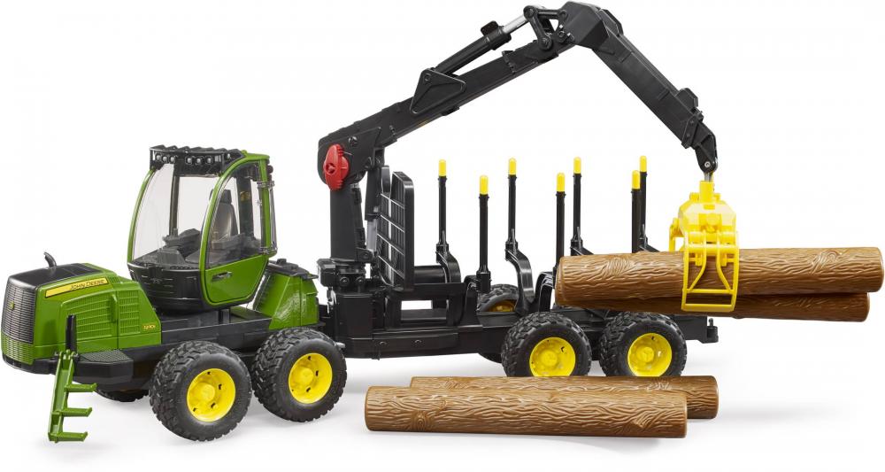 Bruder Spielfahrzeug Holztransport John Deere 1210E Rückezug mit Greifer und 4 Baumstämmen 02133