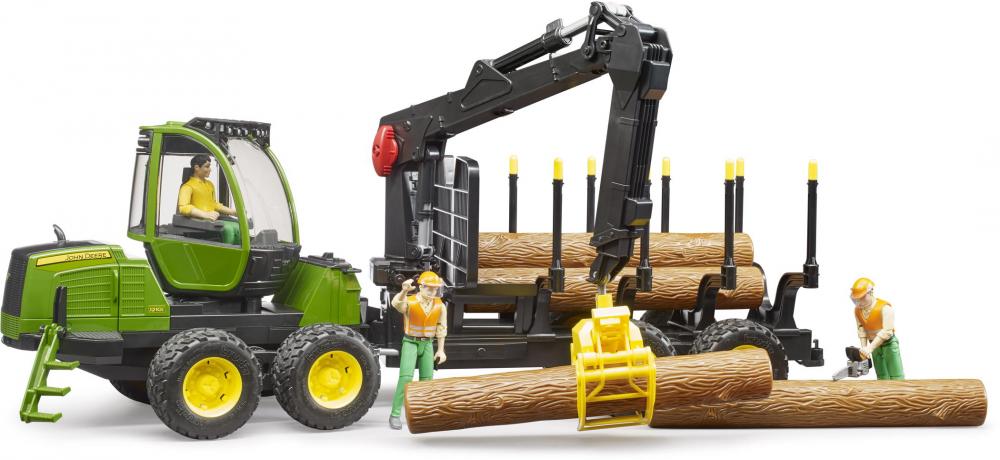 Bruder Spielfahrzeug Holztransport John Deere 1210E Rückezug mit Greifer und 4 Baumstämmen 02133