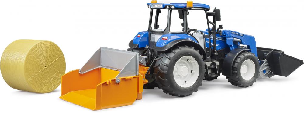 Bruder Spielfahrzeug Traktor New Holland T5.120 mit Frontlader, Ladekasten und Gabeln 02187