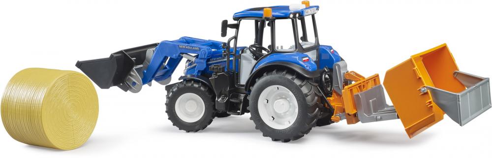 Bruder Spielfahrzeug Traktor New Holland T5.120 mit Frontlader, Ladekasten und Gabeln 02187