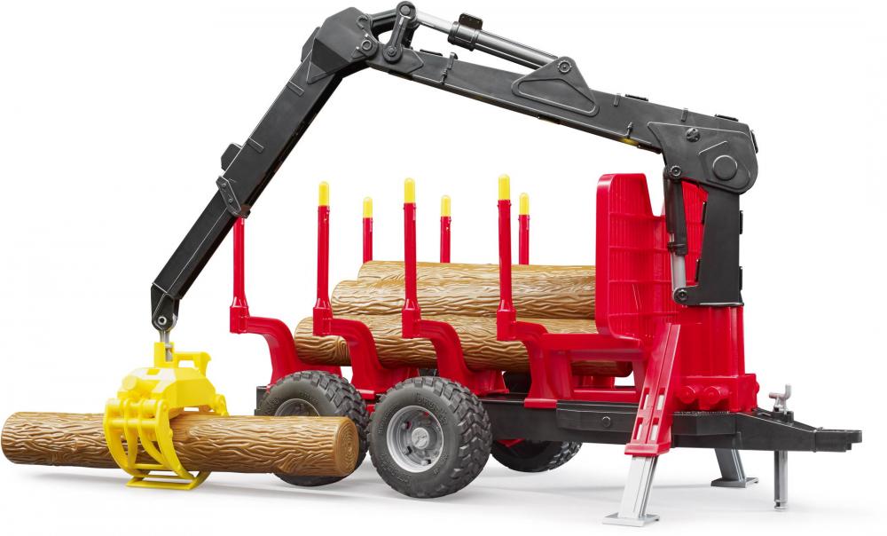 Bruder Spielfahrzeug Holztransport Rückeanhänger mit Ladekran, 4 Baumstämmen und Holzgreifer 02252