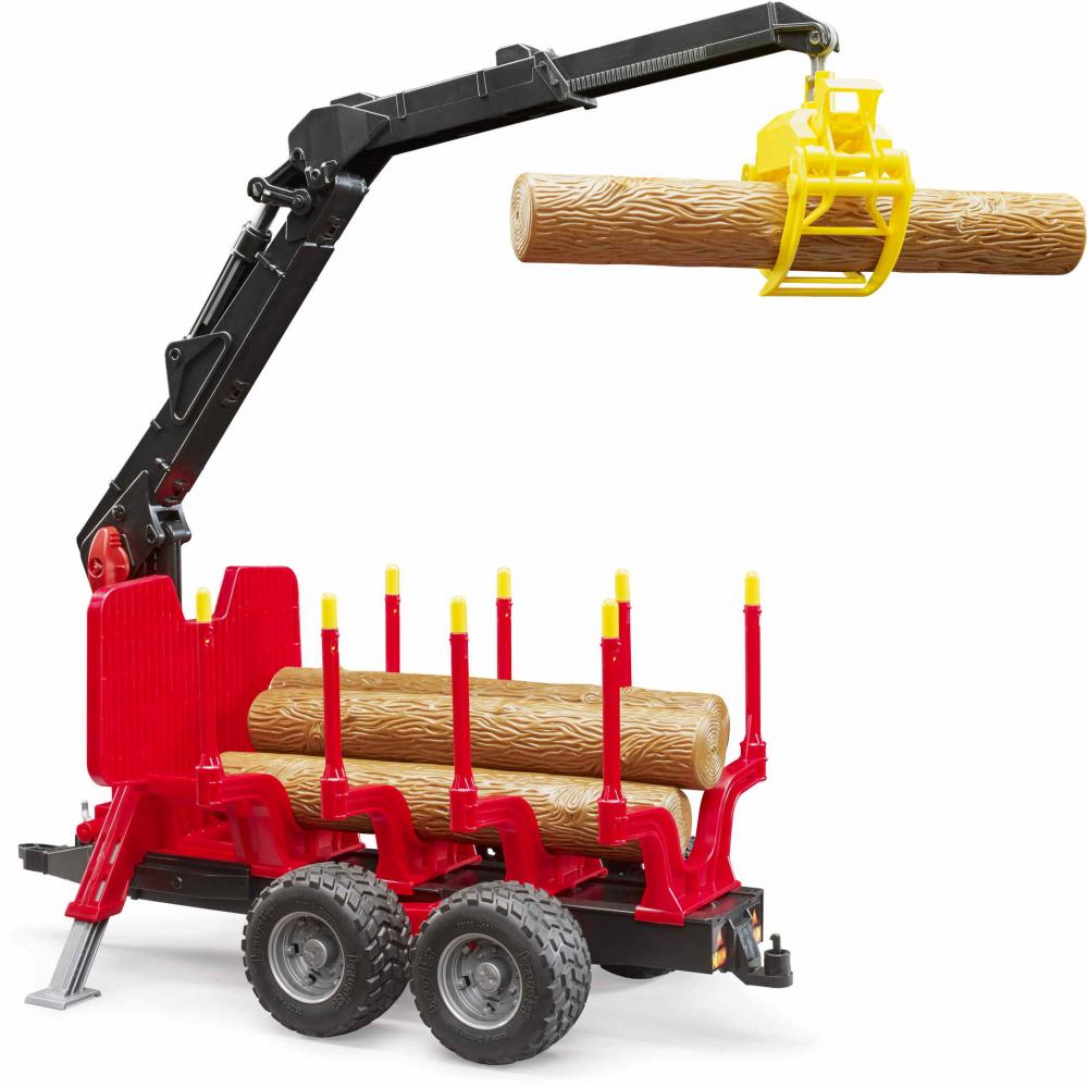 Bruder Spielfahrzeug Holztransport Rückeanhänger mit Ladekran, 4 Baumstämmen und Holzgreifer 02252