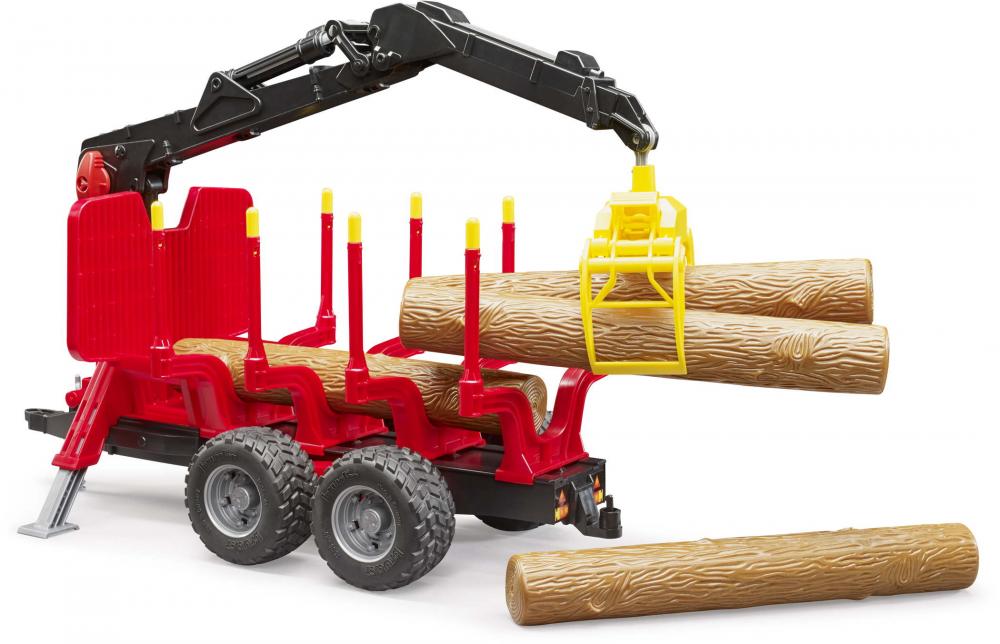 Bruder Spielfahrzeug Holztransport Rückeanhänger mit Ladekran, 4 Baumstämmen und Holzgreifer 02252
