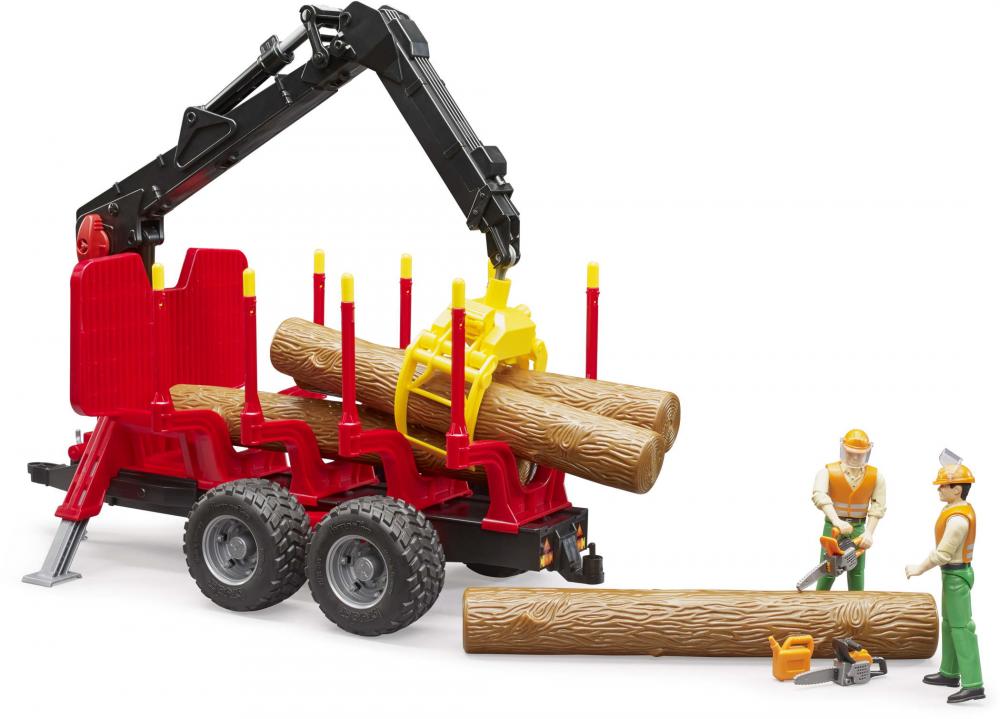 Bruder Spielfahrzeug Holztransport Rückeanhänger mit Ladekran, 4 Baumstämmen und Holzgreifer 02252