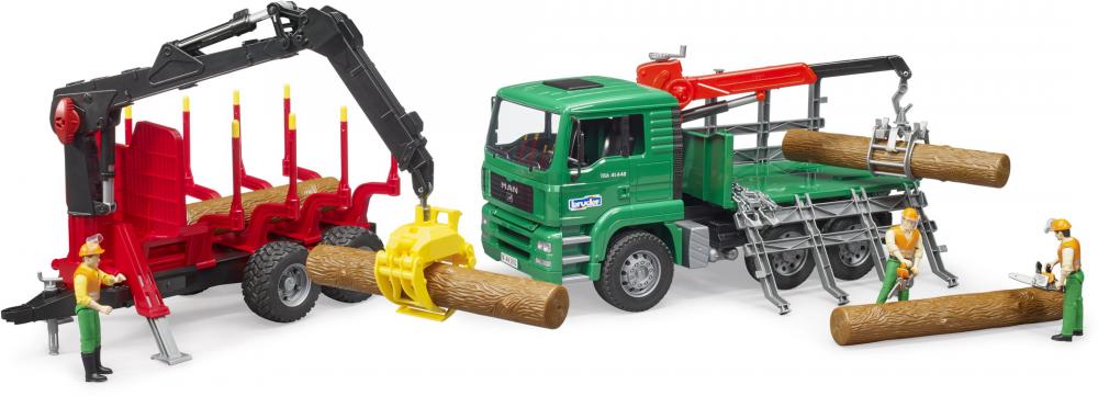 Bruder Spielfahrzeug Holztransport Rückeanhänger mit Ladekran, 4 Baumstämmen und Holzgreifer 02252