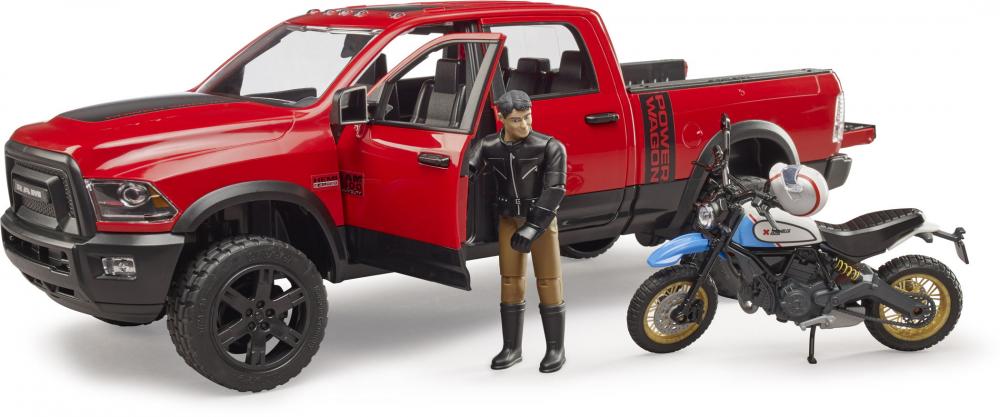 Bruder Spielfahrzeug Offroad RAM 2500 Power Wagon mit Scrambler Ducati Desert Sled und Fahrer 02502