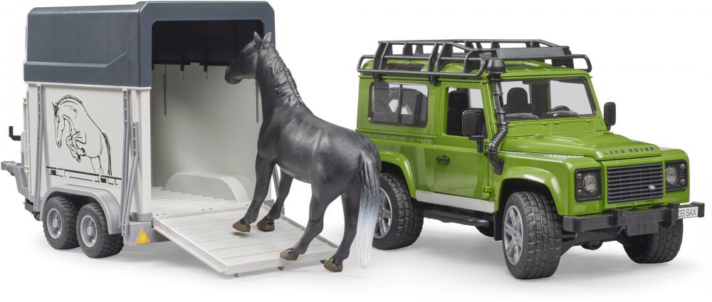 Bruder Spielfahrzeug Offroad Land Rover Defender St. Wagon + Pferdeanhänger mit 1 Pferd 02592