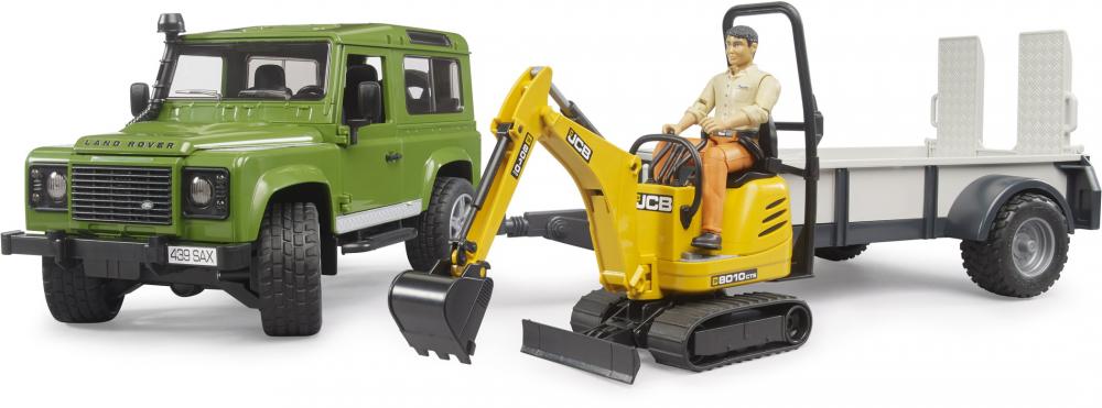 Bruder Spielfahrzeug Anhänger Land Rover Defender, Einachsanhänger JCB Mikrobagger Bauarbeiter 02593